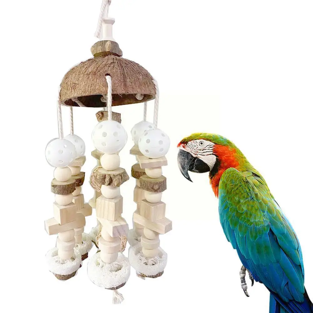 

Bird Parrot Toy Large Natural Wooden Blocks Bird Chewing Toy Wood Coconut Shell Parrot Cage Bite Toy for Macaw Parrot Toy K0A3