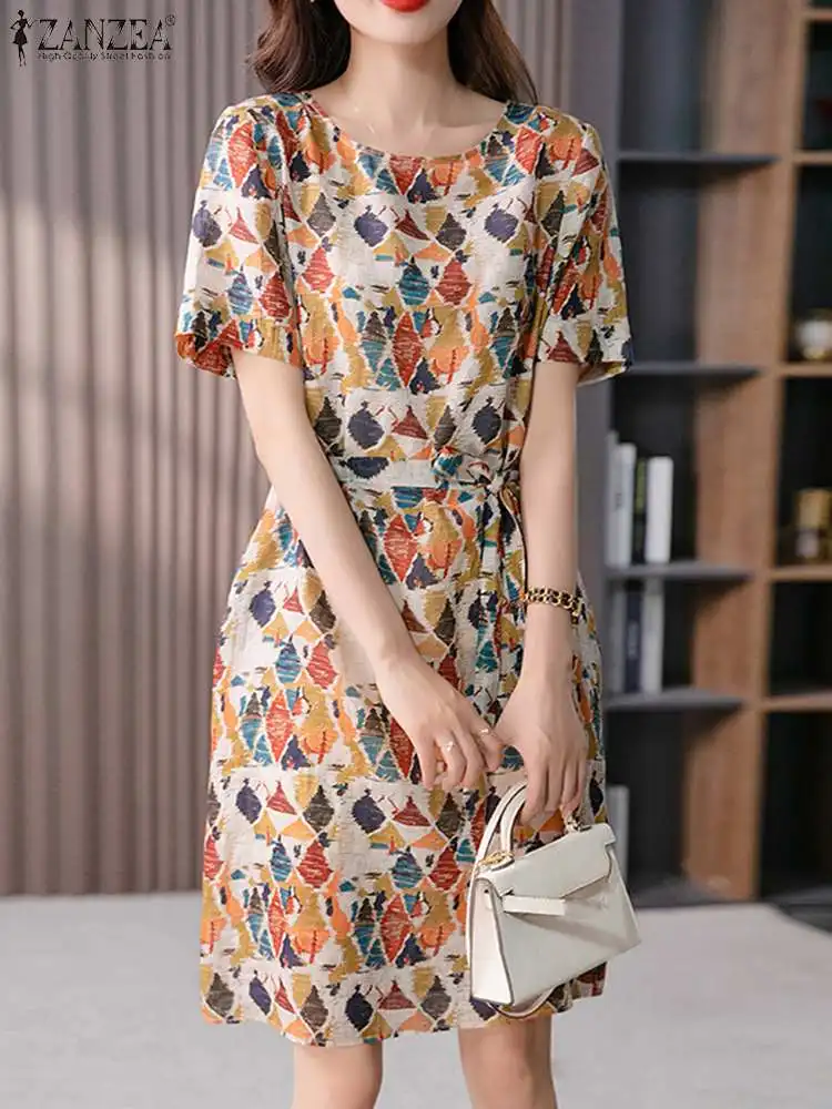 

ZANZEA Women Casual Printed Dress Holiday Round Neck Knee-length Dress Vintage Short Sleeve Belted Vestidos Summer Short Robes