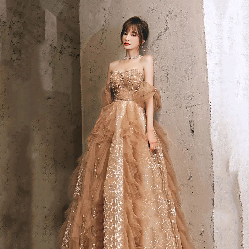 

14212#IENA Champagne Puffy Tulle Beading Luxurious Cocktail Dress Maxi Elegant Evening Dresses Prom Gown Quinceanera Party Dress