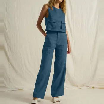 Summer Loose O-Neck Top Wide Leg Pants Two Piece New Elegant Pullover Pants Summer Suit Women Harajuku Style Cotton Linen Suit 1