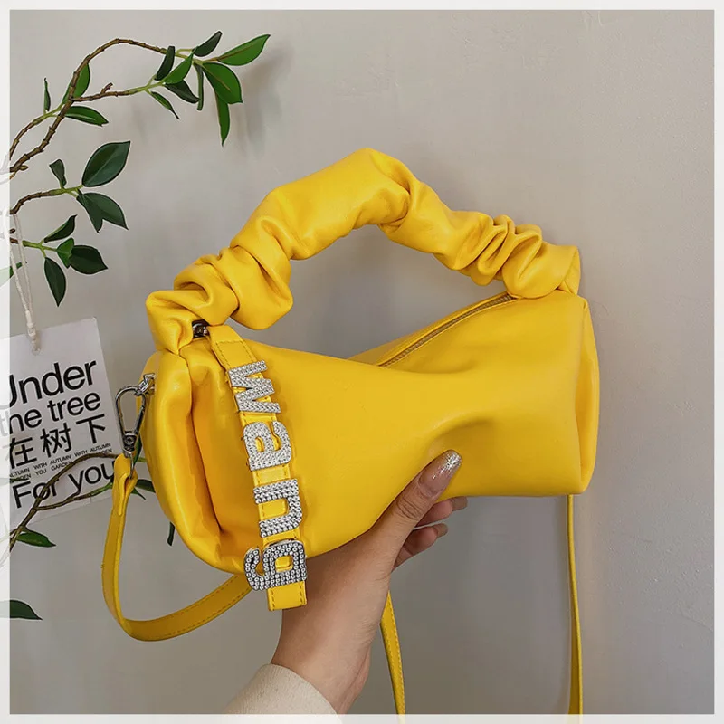 

2023 New Women's Letter Rhinestone Hand Carrying Bag Luxury Pleated Candy Color Simples Female Designer Handbags High Quality