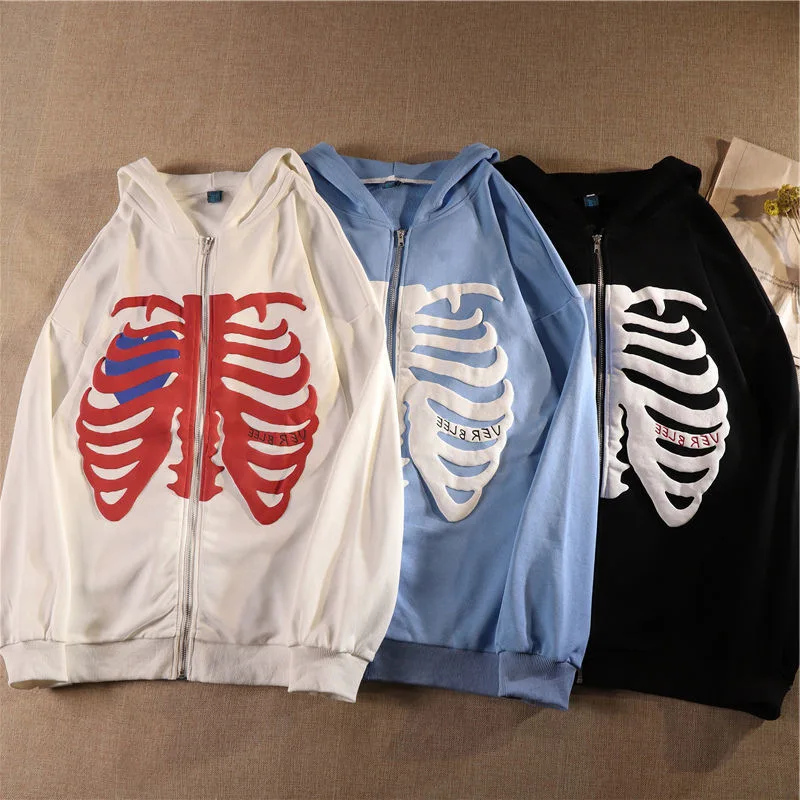 Gothic Skeleton Print Hoodies Men Women Y2K Long Sleeve Hooded Sweatshirts Harajuku Loose Zip Up Hoodie Jacket Coat Streetwear