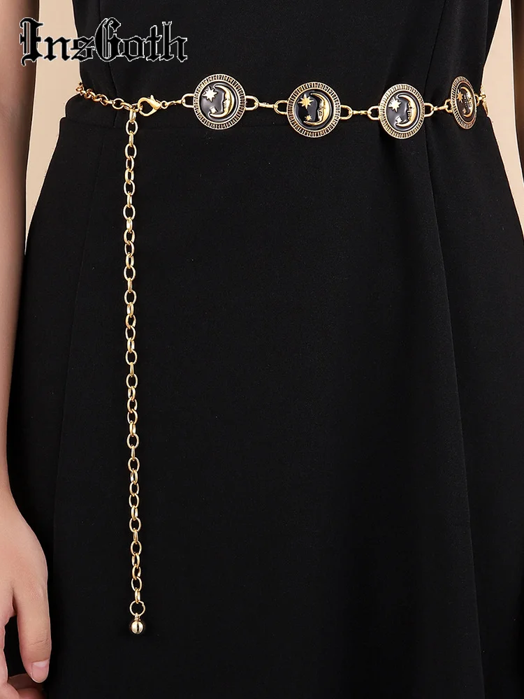 InsGoth Punk Y2K Moon Star Vintage Gold Chain Belt Goth Pattern Designer Women Clothes Waist Belt Elegant Prom Dropshipping Belt