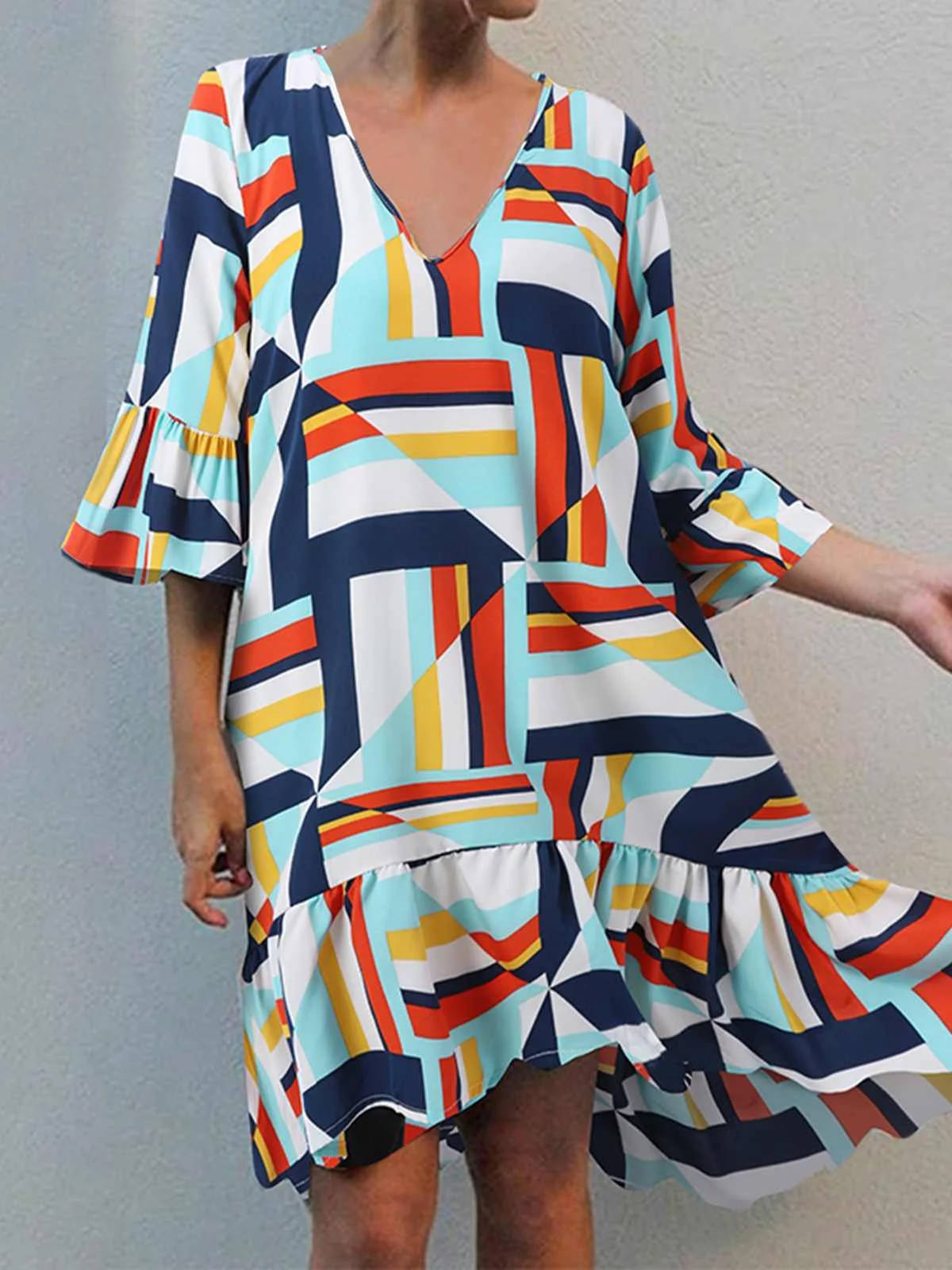 

Женское пляжное платье с оборками Celmia, летний винтажный сарафан с рукавом 2022 и V-образным вырезом, кафтан, богемное платье миди с геометричес...