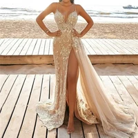2022 sumer beach evening dress long v neck spaghetti strap sexy lace illusion women prom gown abendkleider vestidos elegantes