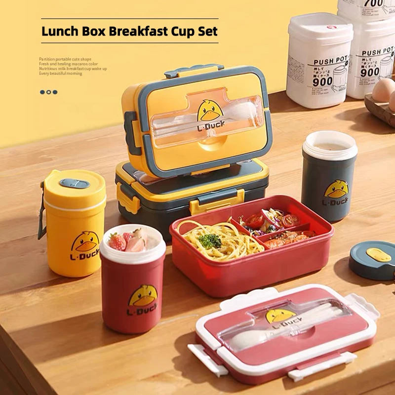 

Lunch Box Bento Box Soup Cup Breakfast Cup Set PP Cartoon Duck Student School Kids Office Worker Portable Storage With Tableware