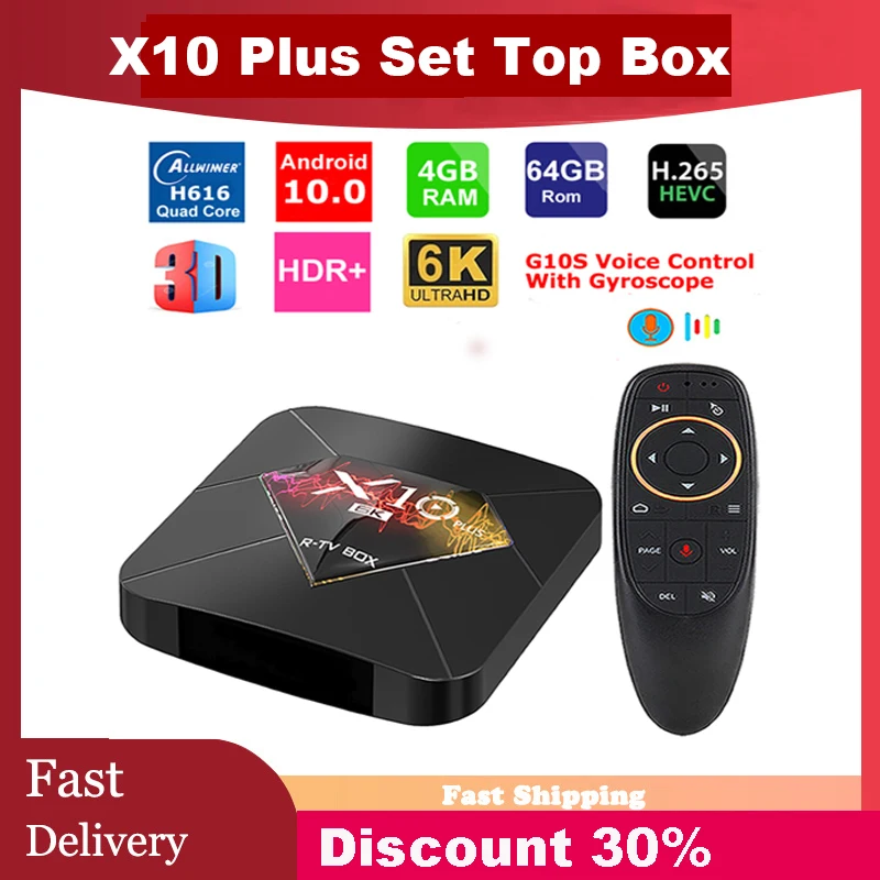 

X10 Plus Android 10.0 Smart TV Box Allwinner H616 Quad Core 4GB RAM 64GB ROM Media Player WIFI H.265 HDR 6K Decode Set Top Box