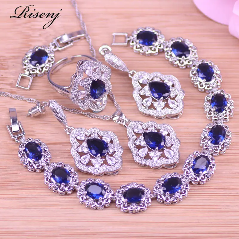 

Water Drop Blue Stone Silver Color Costume Jewelry For Women Adjustable Ring Earrings Necklace With Bracelet Bridal Jewelry