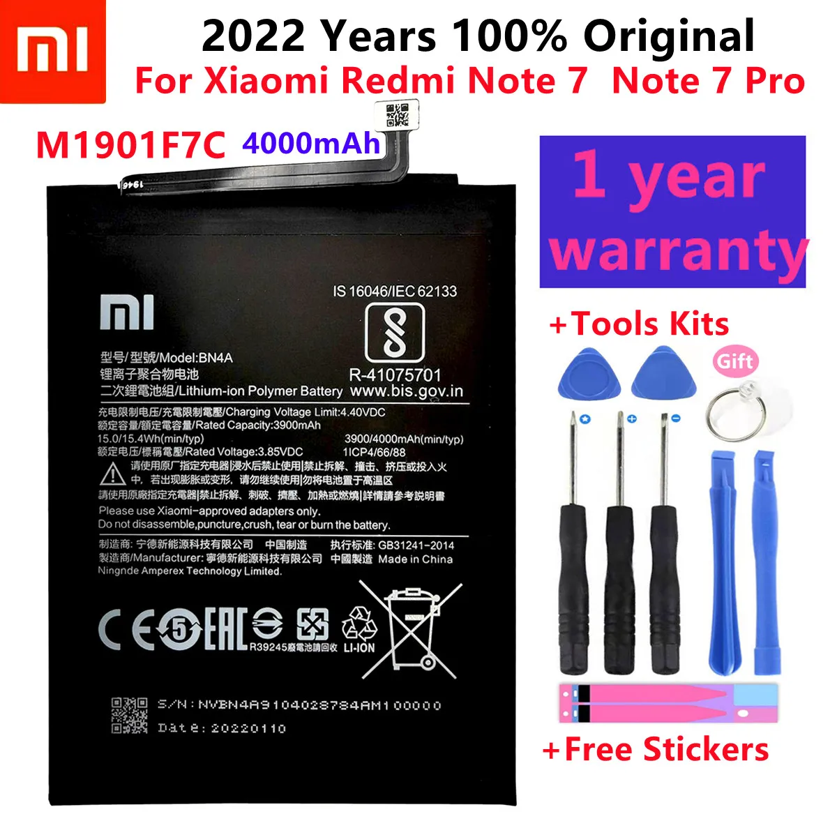 

2022 original Battery 4000mAh BN4A Phone Batteries For Xiaomi Redmi Note7 Note 7 Pro M1901F7C Genuine Phone Battery + Free Tools