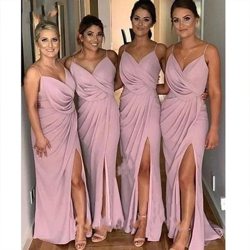 

Sexy Chiffon Bridesmaid Dresses Pink Spaghetti Straps Side Split Colorful Mermaid Wedding Party Gowns Vestido De Fiesta De Boda