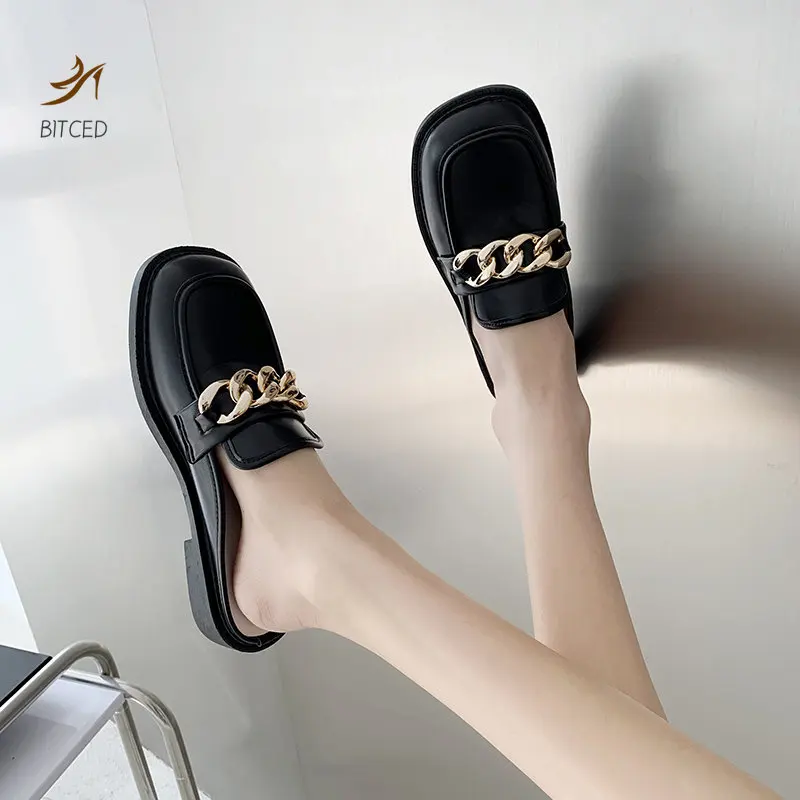 

Women's Mules Shoes 2023 Spring Summer New Metal Chain Low Heeled Women Slippers Flats Tip Binding Comfort Slip on Ladies Shoes
