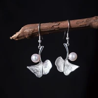retro ginkgo leaf small piercing earrings women girls chinese style 925 sterling silver freshwater pearl hanging earrings eh113