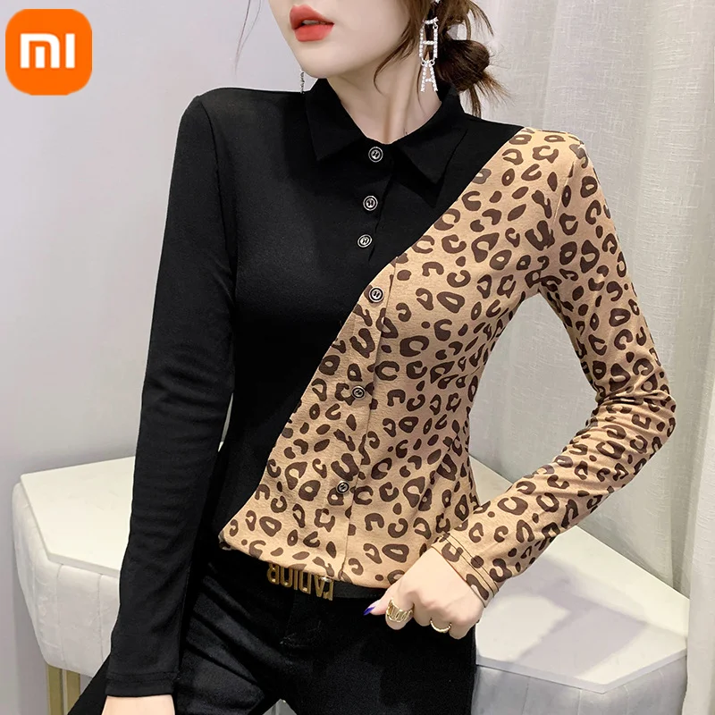 

Xiaomi HANCH cotton leopard print splicing Polo shirt women's skin-friendly comfortable lapel long-sleeved single-breasted top