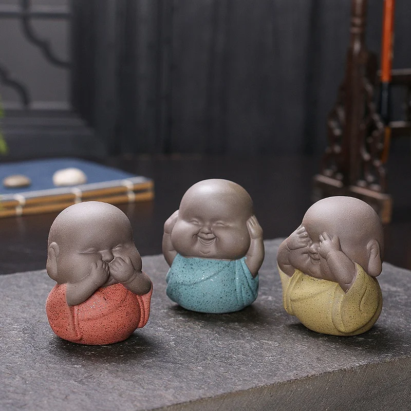 Mini Decorative Ceramic Buddha Statues Monks Furnishing Articles Noing Seeing No Hearing No Saying Ceramic Monks Sculpture Buda