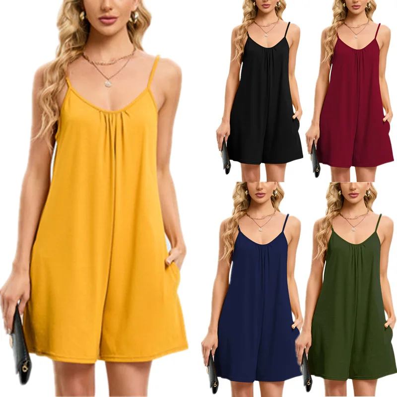 

Women Casual solid Jumpsuit Sleeveless Loose short Wide Leg Pants Romper with Pockets Long Camis Loose Wide Overall Jumpsuits