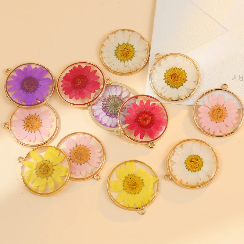 

Круглые Подвески из смолы в виде сушеных цветов, Модные прозрачные Подвески «сделай сам» с маргариткой, ожерелье, серьги для изготовления у...