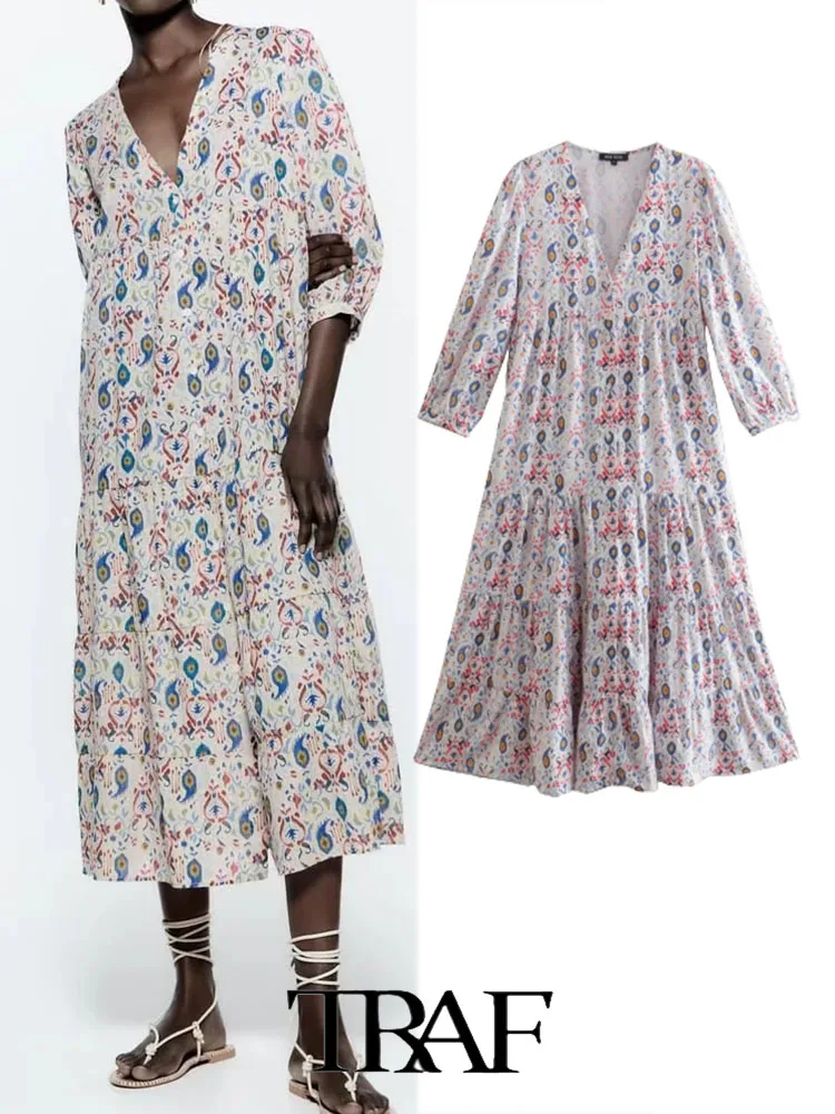 

Платье-миди летнее с V-образным вырезом и длинным рукавом