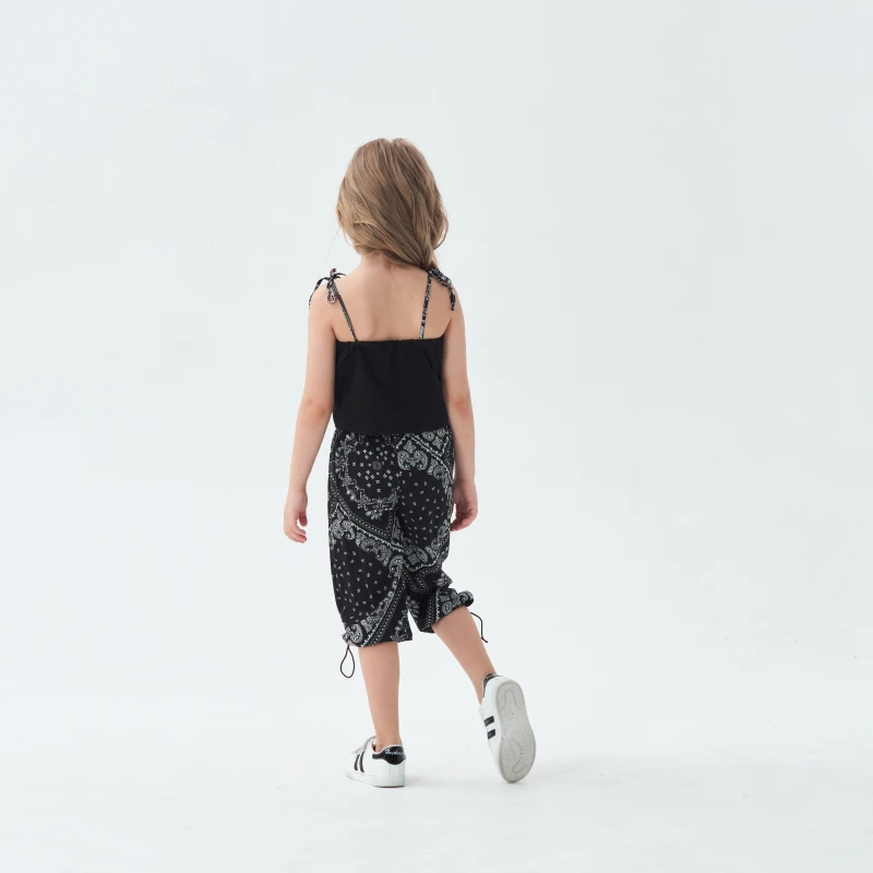 cool girls summer thin off shoulder print tops vest long harem pants toddler kids baby clothes sets 3pcs 2-11Y