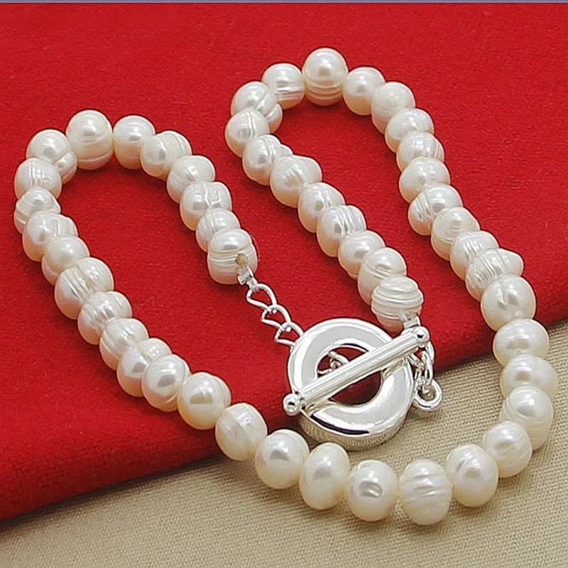 

8mm Natural White Pearl Necklace 925 Sterling Silver for Women Fashion Wedding Party Jewelry Gift