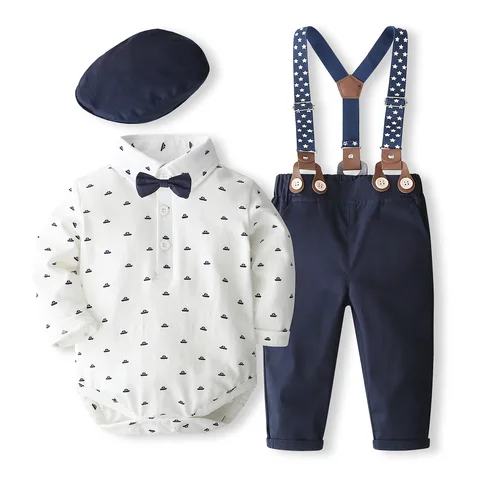 Нарядные Костюмы джентльмена для маленьких мальчиков, рубашка с галстуком-бабочкой + брюки на подтяжках, наряд, одежда для маленьких мальчиков 0-18 месяцев, для младенцев