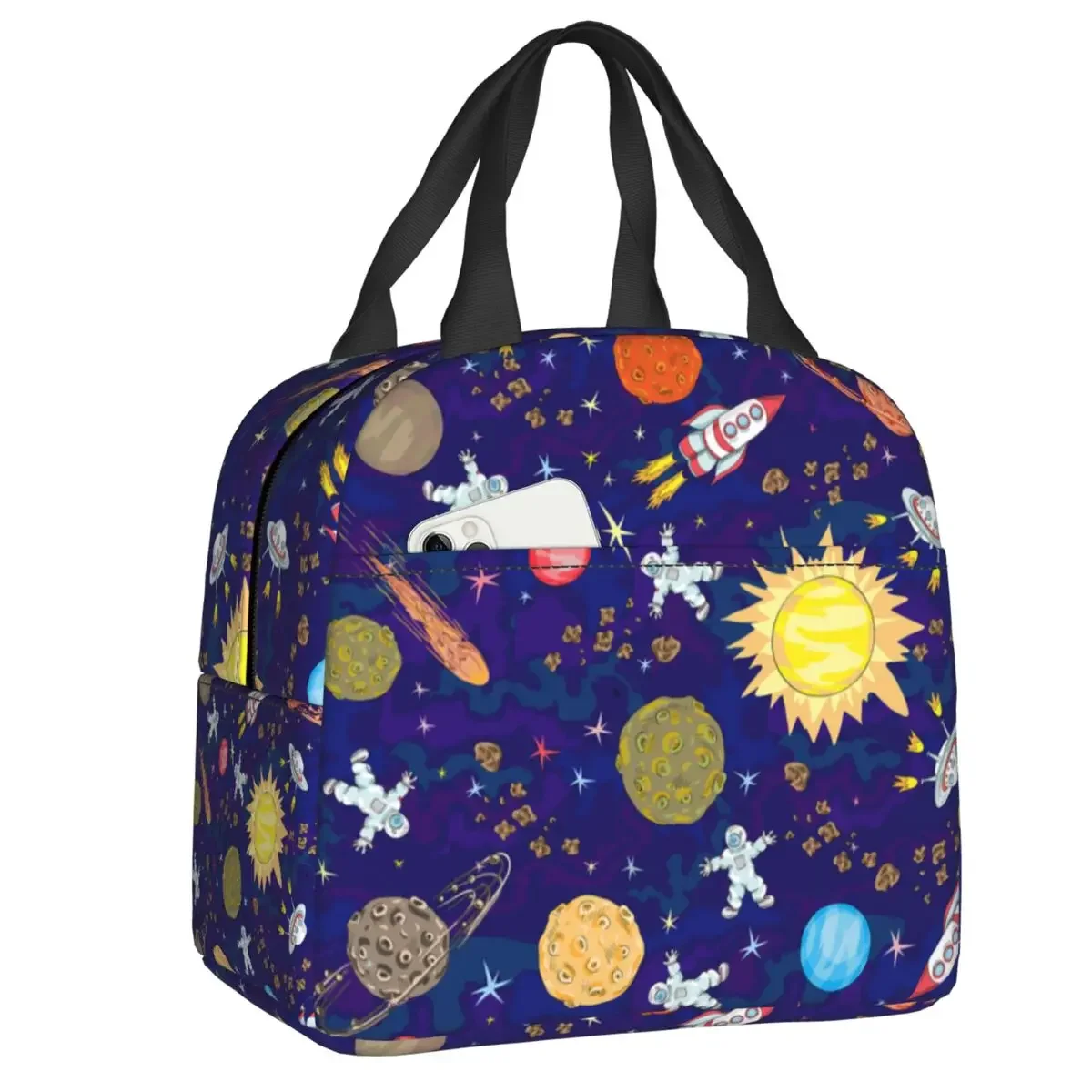 

Cartoon Space Planet Rocket Thermal Insulated Lunch Bag Women Astronaut Spaceship Portable Lunch Box for Kids School Food Bags