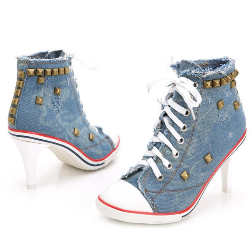 

Rivets Women Canvas Shoes Denim High Heels Shoes Fashion Women's Pumps Classic Wedge Vulcanized Shoe Laces Summer Sneakers