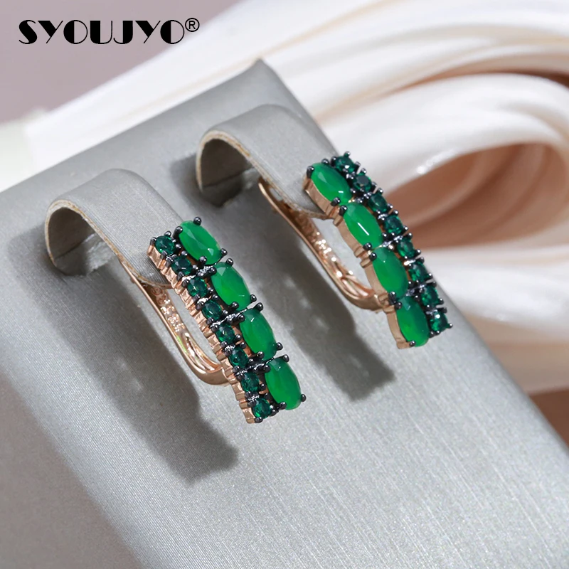 SYOUJYO Green Opal Natural Zircon English Earrings For Women 585 Rose Gold Color Wedding Jewelry Black Plating Vintage Earrings