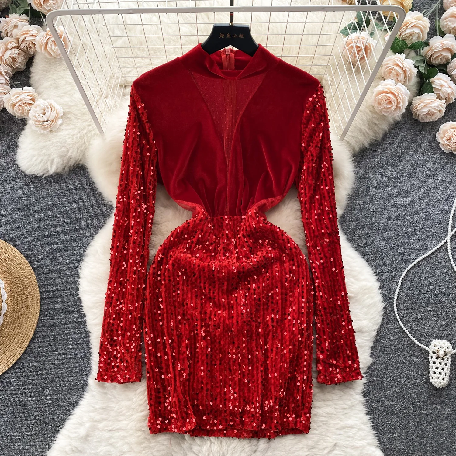 

Chic Bodycon Sequin Patchwork Mesh Long Sleeve Dress Korean Fashion Vestidos Women Vintage Spring Autumn Hip Wrap Dress