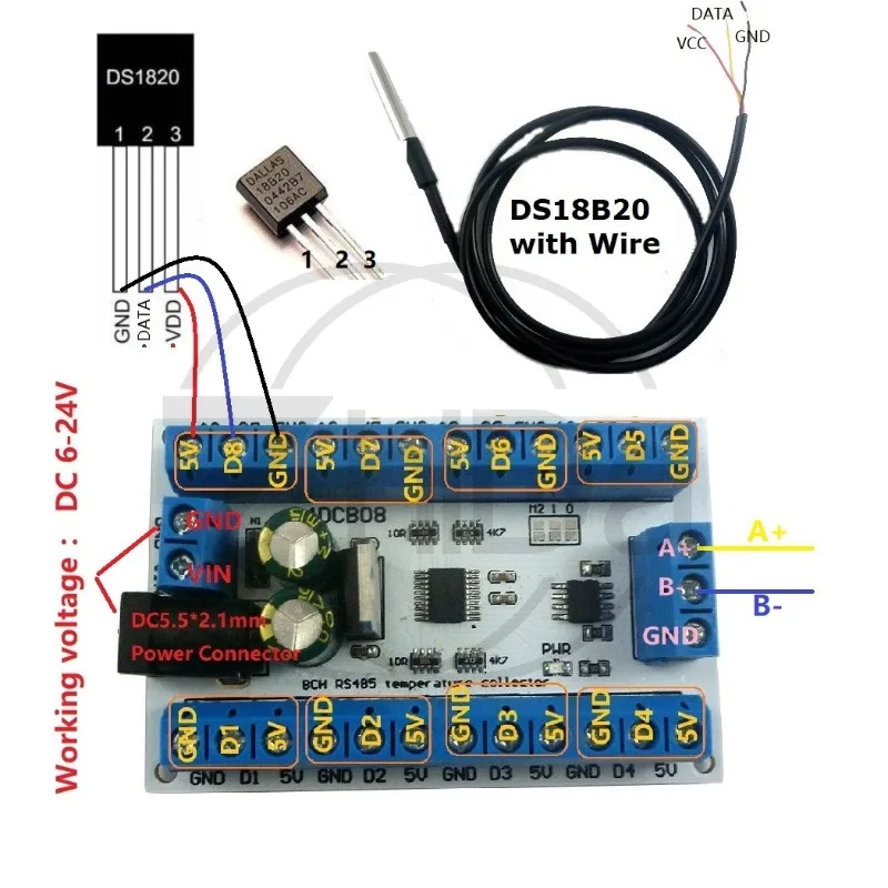 Фото 8-канальная плата датчика RS485 DS18B20 MODBUS RTU для безбумажного регистратора PLC R4DCB08 №1