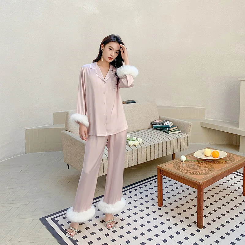 Light luxury pajamas, women's spring and summer feather stitching, high-end satin chiffon thin home clothing
