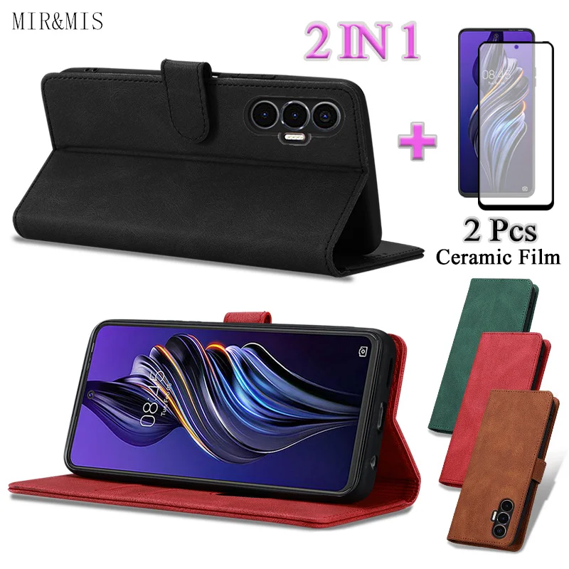 

2 IN 1 For Tecno Pova 3 Wallet Leather Case Casing With Ceramic Protector Screen Curved Tempered Film