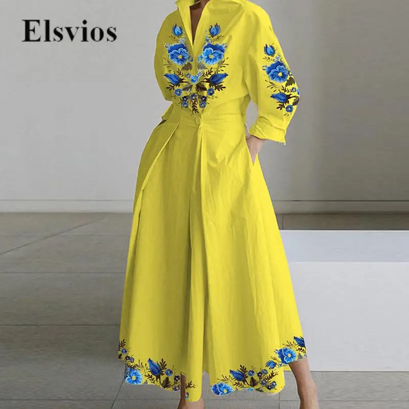 

Модное винтажное облегающее длинное платье-рубашка с цветочным принтом, повседневное женское плиссированное платье-трапеция с длинным рук...