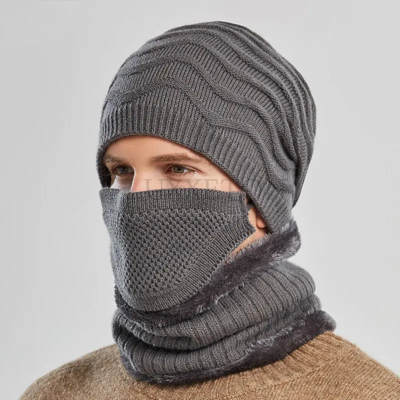 

Set of 3 Winter Men Hat Scarf Mask Set Outdoor Cycling Plush Thick Warm Knitted Hat Protect Face Neck Wool Beanies Ski Skull Cap