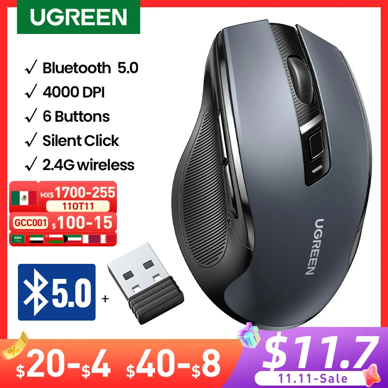 UGREEN Wireless Mouse Bluetooth5.0 Mouse Ergonomic 4000DPI