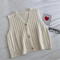 women solid color knitted vests sweet v neck single breasted korean sweater cardigan preppy style kawaii waistcoat vest female