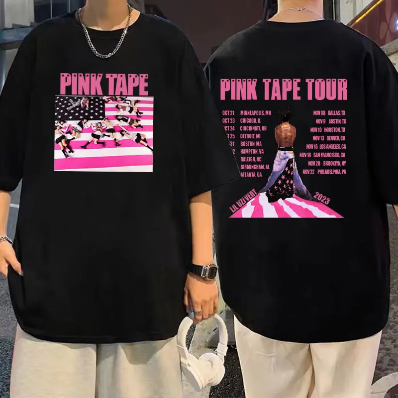 

Rapper Lil Uzi Vert T-shirt 2023 Concert Tour Pink Tape Graphic T Shirt Men's Hip Hop Oversized T-shirts Male Vintage Streetwear