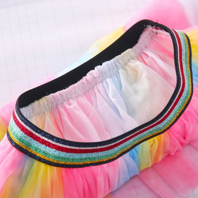 New Children's Rainbow Skirts School Girl Mesh Tutu Birthday Princess Party Show Dance Skirt Gauze Mid-Waist Ball Gown Faldas