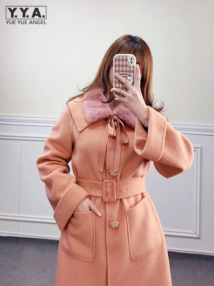 

Elegant Ladies Long Wool Coat Crystal Buttons Belted High Quality Mink Fur Collar Double Faced Woolen Trench Coat Women Overcoat