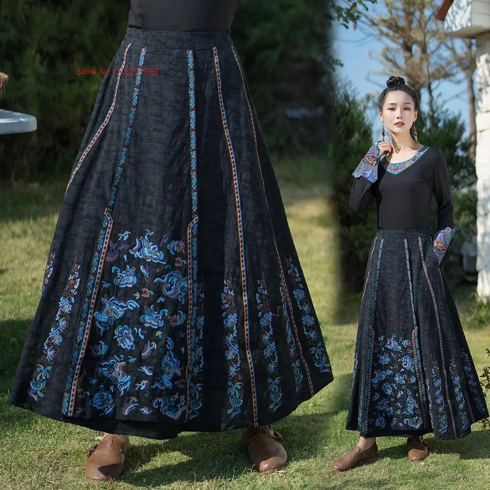 2023 national harajuku vintage flower embroidered women retro skirt elastic waist casual ethnic skirt oriental vintage skirt