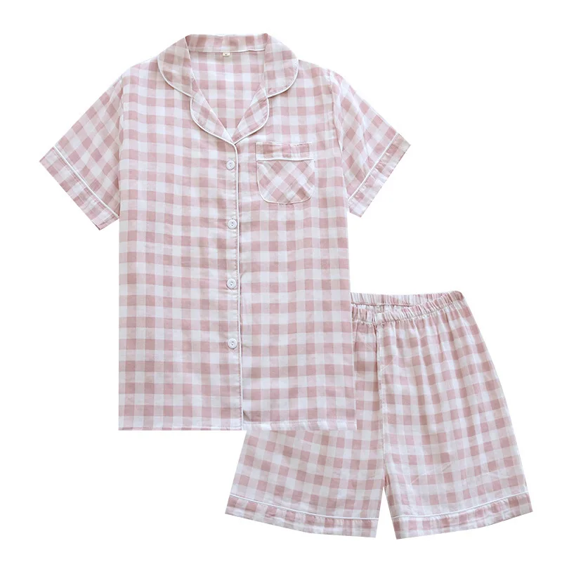 

Женская летняя Тонкая Клетчатая одежда для сна из хлопка с коротким рукавом и шортами, Женский комплект из двух предметов, домашняя одежда, ...