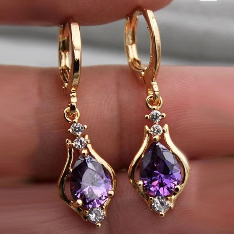 

Popular Purple Zircon Earrings For Women Versatile Drop Shaped Diamond Set Multi-color Pendant Jewelry Banquet Gift