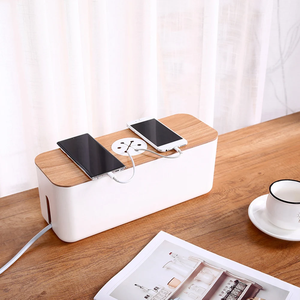 

Wire Storage Box with Wooden Cover Tablet Phone Network Line Socket Organizer Household Charger Management Sets