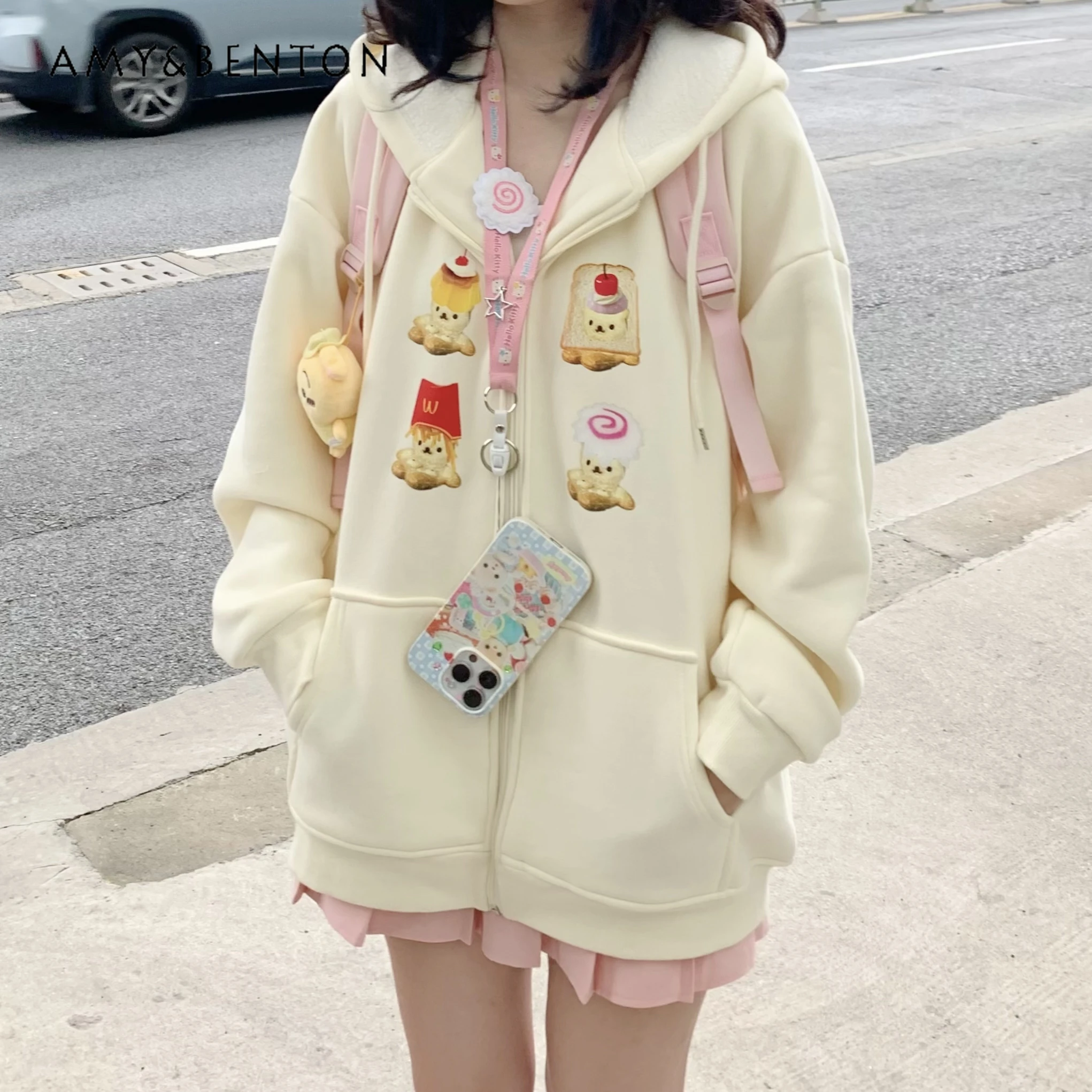 

Милые толстовки в стиле преппи с принтом, Женская осенне-зимняя новая одежда, кавайная абрикосовая Толстая свободная повседневная толстовка на молнии
