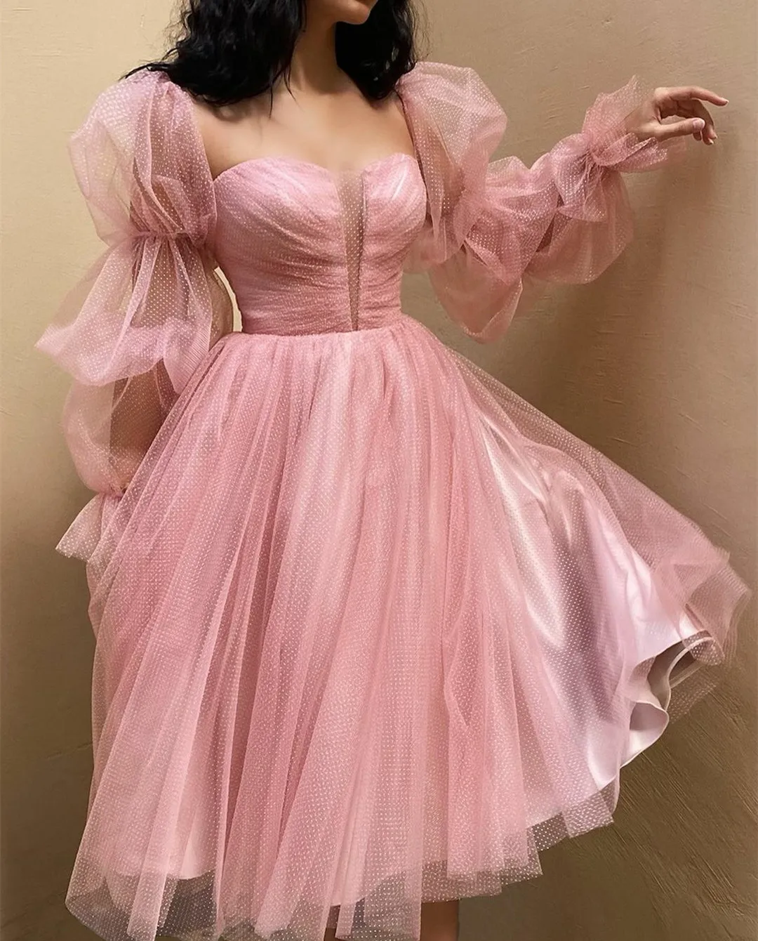 

Женское винтажное короткое вечернее платье, розовое ТРАПЕЦИЕВИДНОЕ Тюлевое платье до середины икры с длинными рукавами для выпускного вечера