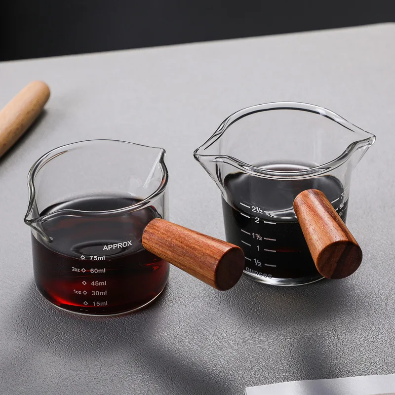 75ML Heat-resisting Glass Espresso Measuring Cup Transparent glass coffee cup milk Jug With Wooden Handle Scale Measure Mugs
