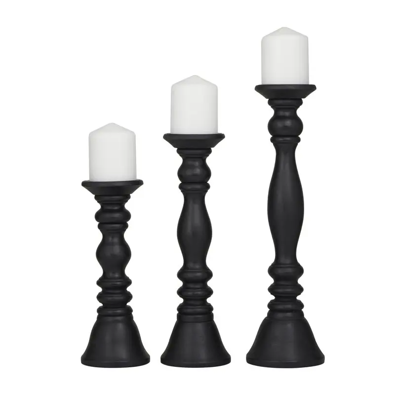 Free Shipping 3 Candle Black Wood Turned Style Pillar Candle Holder, Set of 3
