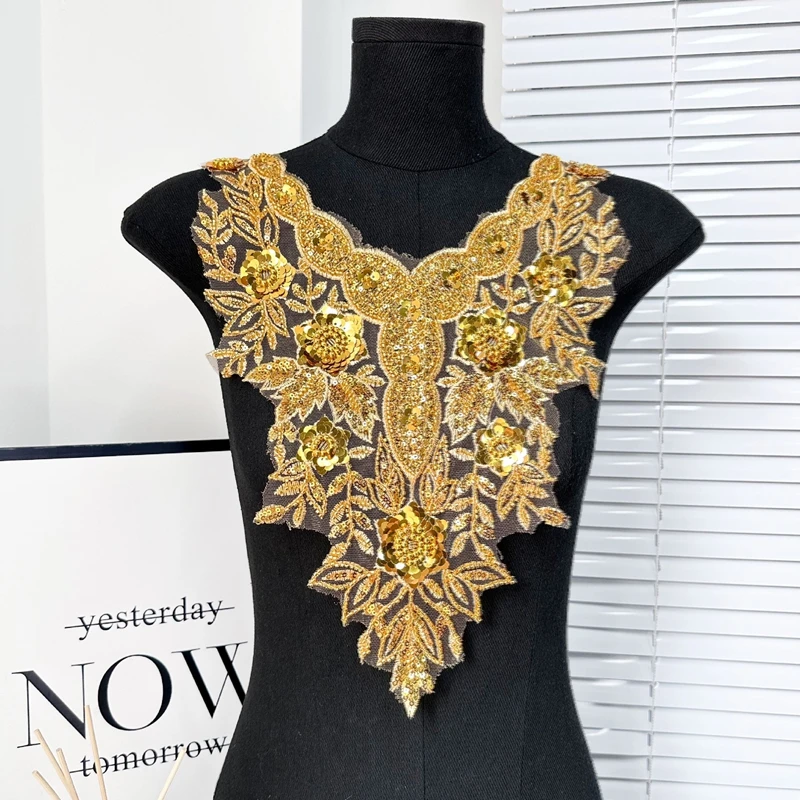 Золотая ручная работа расшитая бисером и блестками кружевная наклейка одежда