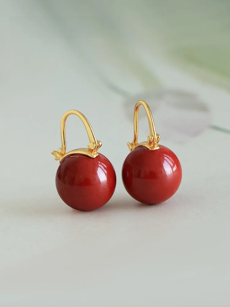 Женские серьги из натуральной киновари стерлинговое серебро S925 позолоченные