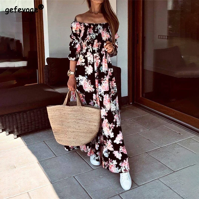 

Elegant Fashion Slash Neck Sexy Long Sleeve Elasticity Dresses Floral Print Elastic Waist Skirts Spring Autumn Dress for Women