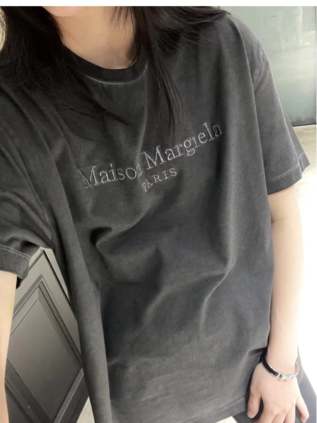 

Margiela style summer new MM6 washed gray old embroidered letters loose short-sleeved T-shirt oversized unisex men and women